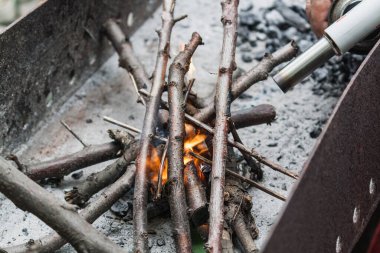 Bonfire in the barbecue close-up, a fire for cooking in nature