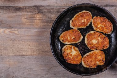 Fried chicken cutlets on a black frying pan close-up, fried meat products, home cooking