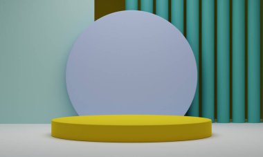 Asgari 3D görüntüleme. Podyum ve soyut arkaplanı olan en küçük sahne. Soyut arkaplan. Pastel arka planda 3 boyutlu silindir podyum. En küçük sahne.