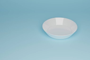 Katı mavi izole arkaplanda beyaz cam plaka. Mutfak gereçleri yakın plan. Gerçekçi 3D canlandırma.