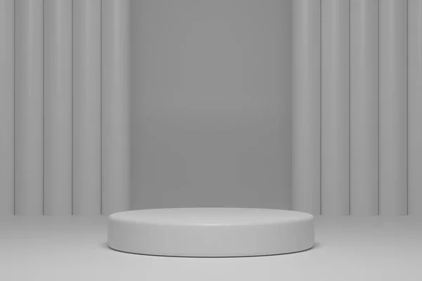 3D görüntüleme. Podyum ve soyut arkaplanı olan minimalist bir sahne. Kozmetik ürünler standı. Podyum sahne kaidesi veya platformu.