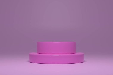 Soluk pembe arka planda pembe silindirler. Ticari ve markalı ürünlerin sunumu için yuvarlak geometrik şekilli minimalist bir aşama. Asgari 3d oluşturma.