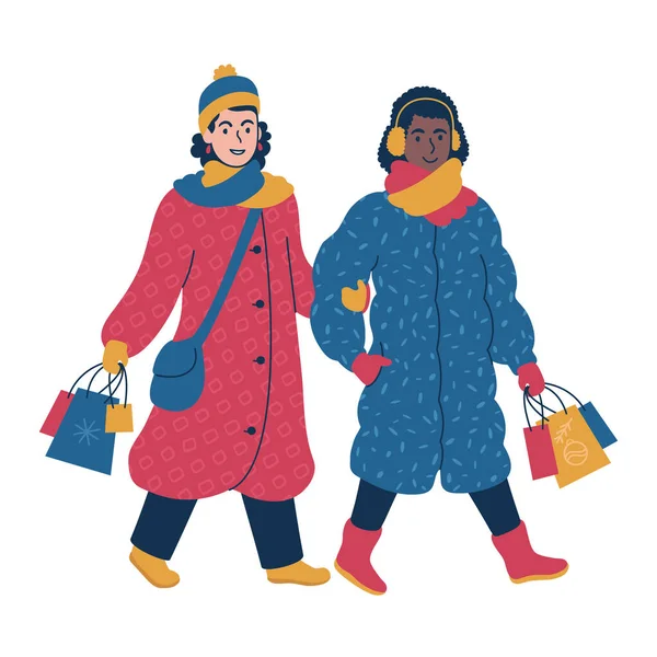 Δύο γυναίκες ψωνίζουν μαζί το χειμώνα. Απομονωμένη διανυσματική απεικόνιση. — Διανυσματικό Αρχείο