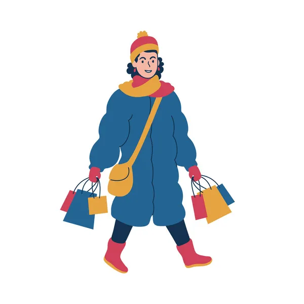 Frau im Wintermantel auf Einkaufstour. Isolierte Vektorillustration. Stockvektor