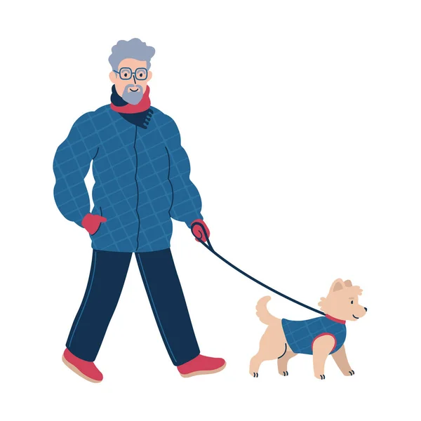 Szczęśliwy właściciel zwierząt domowych wyprowadzając psa na smyczy w okresie zimowym. Ilustracja izolowanego wektora. — Wektor stockowy