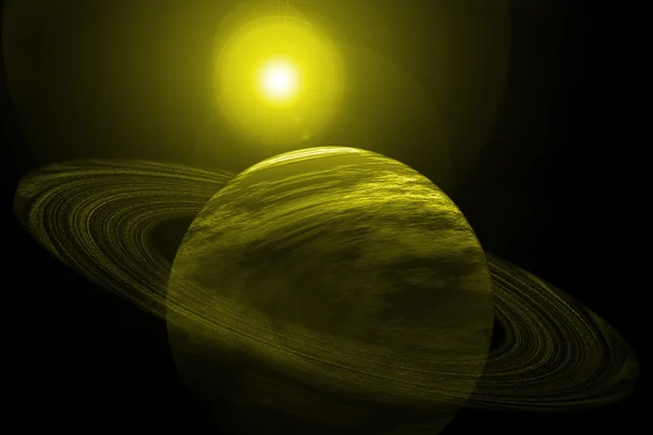 Κίτρινο πλανήτη με δαχτυλίδια, αστέρες και ήλιος — Φωτογραφία Αρχείου