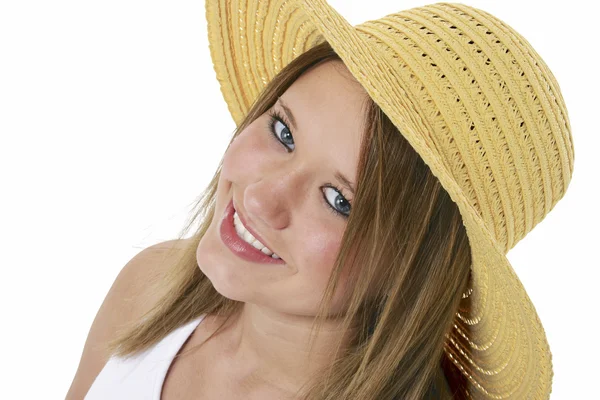 Beautiful Smiling Teen In Yellow Hat Over White Stock Picture