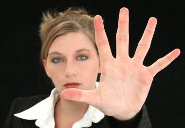 onun önünde el palm ile güzel bir iş kadını