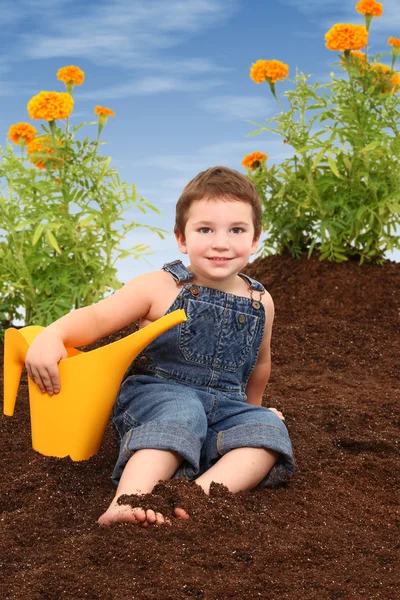 Aantrekkelijke jongen in Goudsbloem tuin — Stockfoto