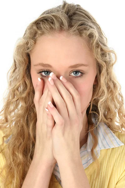 Beautiful Blonde Hiding Mouth — Stock Photo, Image