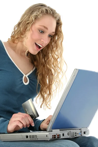 Ragazza Laptop Carta di credito — Foto Stock