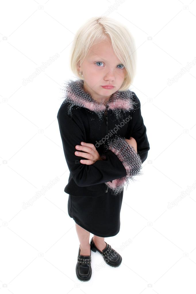 Beautiful Little Pouting Girl In Black Suit With Pink Feathers