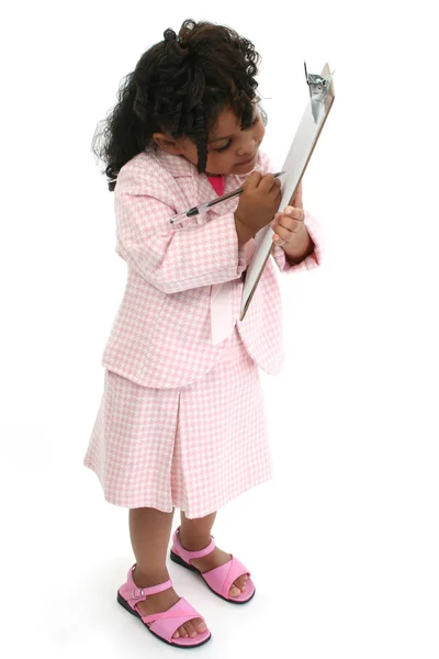 Pequeña mujer de negocios en traje rosa — Foto de Stock