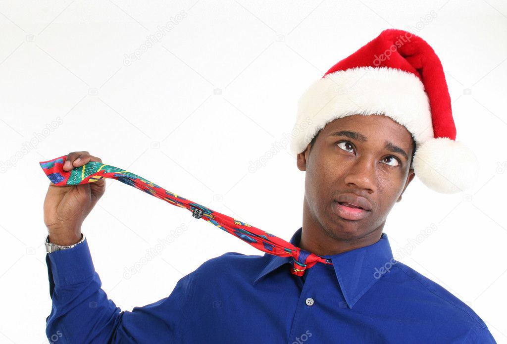 Stressed or Worried Man in Santa Hat