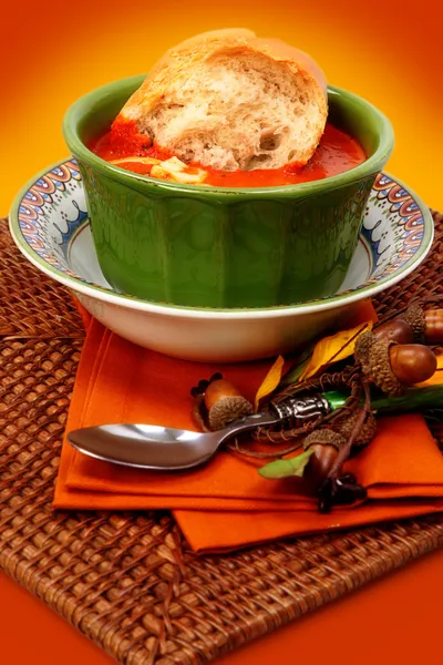 Tomato Bisque Soup and Baguette Bread — Stock Photo, Image