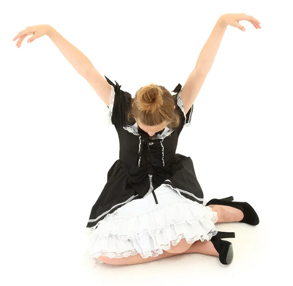 Caucasian Girl Child Sitting in Marionette Pose in Lolita Fashio — Stock Photo, Image