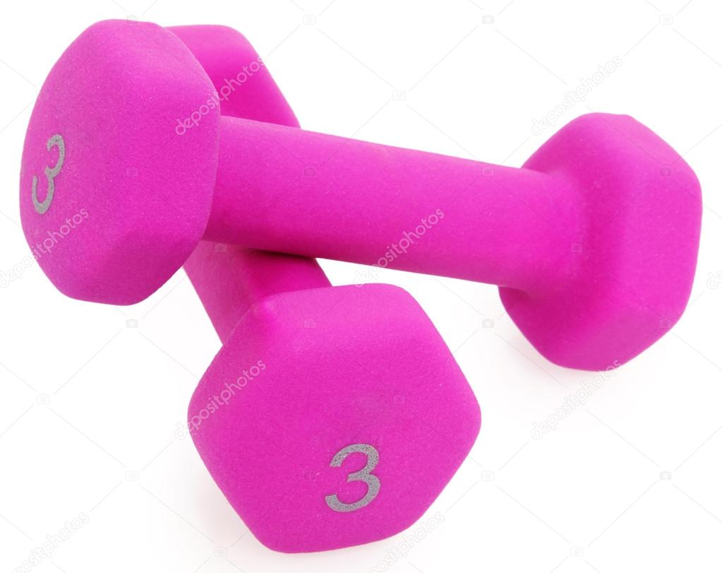 Pair of Pink 3 Pound Dumbells over White.
