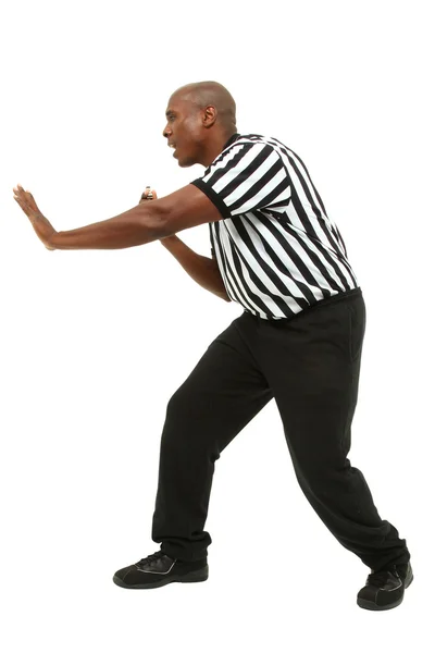 Atractivo ajuste hombre negro en árbitro uniforme frente al lado y gritar —  Fotos de Stock