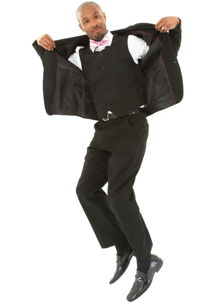Aantrekkelijke opgewonden zwarte zakenman springen met uitknippad. — Stockfoto