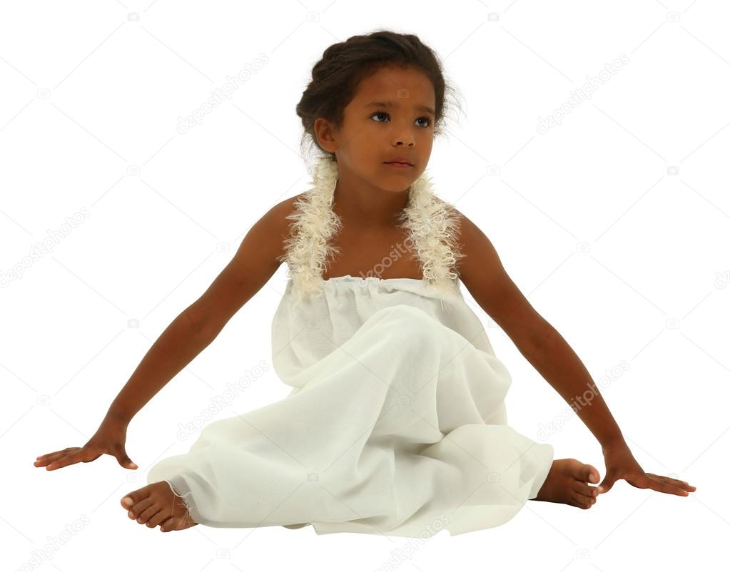 Beautiful black girl child in white angel dress with clipping pa