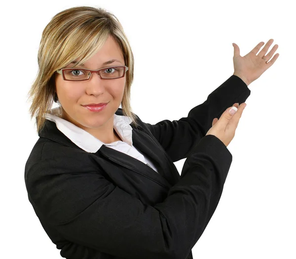 Beautiful happy business woman or teacher in suit with hands out — Stock Photo, Image