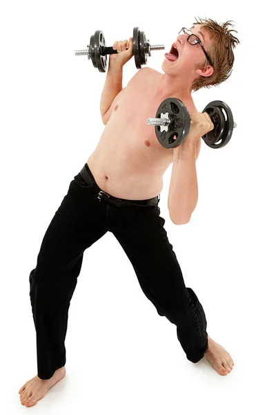 Humorvolle Gewichtheben Workout-Bilder mit entzückenden Teenie-Jungen. cl — Stockfoto