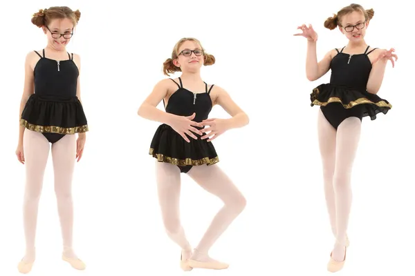 Grappige geeky ballerina in drie houdingen. uitknippad over Wit. — Stockfoto