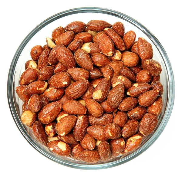 Glass Bowl of Salted Roasted Almonds — Stock Photo, Image