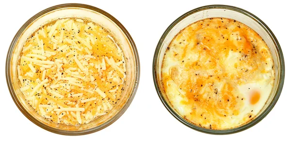 Before and After Oven Baked Eggs with Cheese — Stock Photo, Image