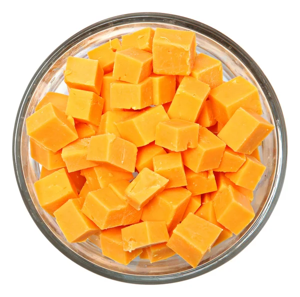 Diced Cheddar Cheese Squares in Bowl Over White — Stock Photo, Image