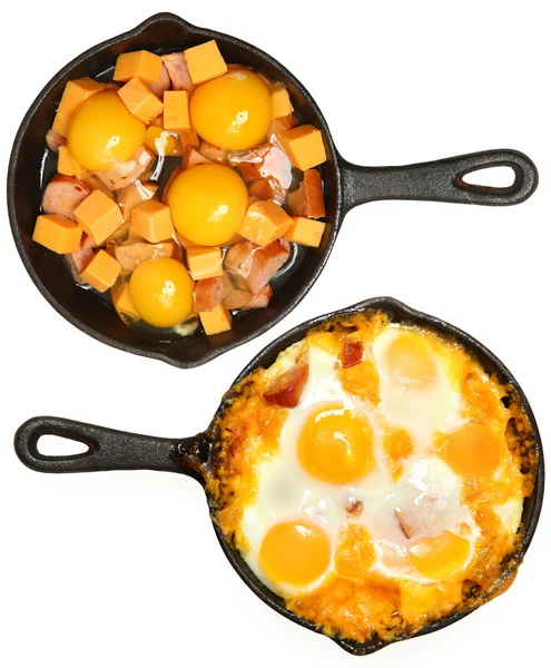 Before After Baked Eggs and Sausage with Cheese — Stock Photo, Image