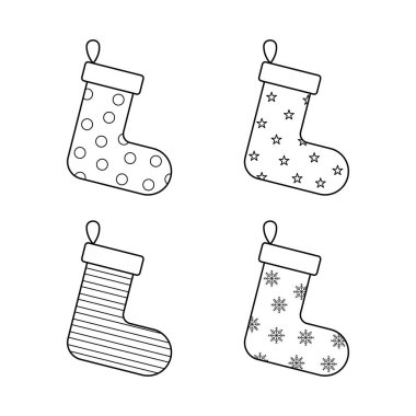 Noel için bir çift çorap. Renklendirme veya logo resmi için yeni yıl çoraplarının vektör doğrusal çizimi. Dekorasyon Noel şömine simgesi. 