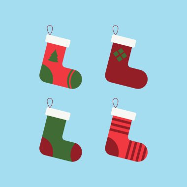 Noel için bir çift çorap. Projeleriniz için yeni yıl çoraplarının vektör renkli çizimi. Dekorasyon Noel şömine simgesi. 