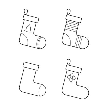 Noel için bir çift çorap. Renklendirme veya logo resmi için yeni yıl çoraplarının vektör doğrusal çizimi. Dekorasyon Noel şömine simgesi. 