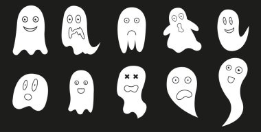 Basit bir hayalet çizimi. Cadılar Bayramı vektör simgeleri ayarlandı. Sevimli çizgi film karakterleri. Büyük bir cadılar bayramı logosu seti.. 