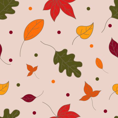 Kusursuz sonbahar yaprakları deseni. Düz bir model. Sonbahar renklerinde yapraklar. Kartların, resimlerin, duvar kağıdın, hediye kağıdın için arka plan. 