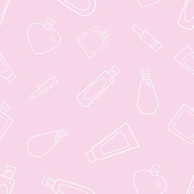 Kusursuz parfüm kalıbı. Kozmetik içecek ürünüyle vektör illüstrasyon. Pembe arkaplanda beyaz doğrusal desen. 