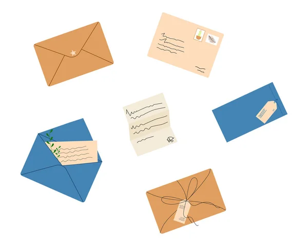 Conjunto Envelopes Com Mails Postmarks Postais Ilustração Vetorial Várias Cartas — Vetor de Stock