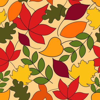 Kusursuz sonbahar yaprakları deseni. Düz bir model. Sonbahar renklerinde yapraklar. Kartların, resimlerin, duvar kağıdın, hediye kağıdın için arka plan. 