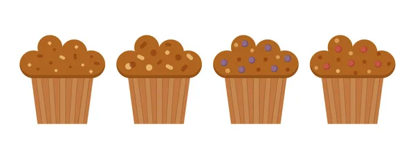 Set Muffins Color Vector Icons Chocolate Berry Flat Cupcakes Illustration — Vettoriale Stock