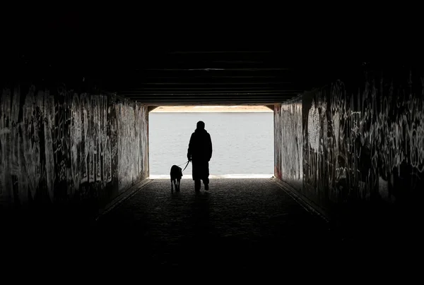 silhouette of a person with dog walking in a tunnel