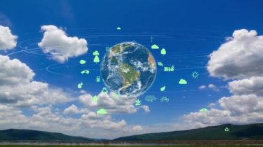 Çevre ekolojisi olan yeryüzü, gökyüzü arka planında hologram işareti yapıyor.