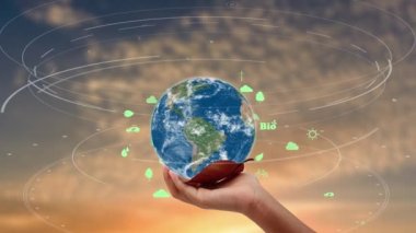 Çevre ekolojisi olan yeryüzü, gökyüzü arka planında hologram işareti yapıyor.