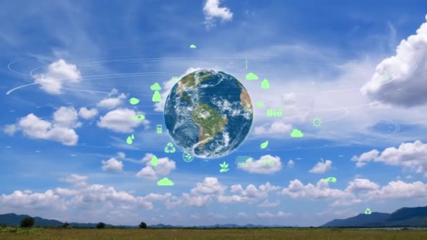 Tierra Con Medio Ambiente Signo Ecología Holograma Fondo Del Cielo — Vídeos de Stock