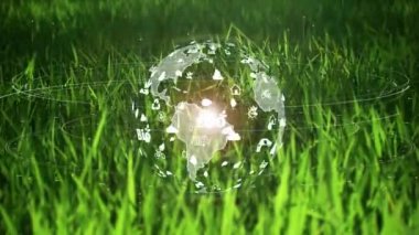 Çevre ekolojisi ile yeşil çimlerin üzerindeki dünya doğal arka planda hologram imzalar..