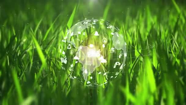 Jorden Grönt Gräs Bakgrund Med Miljö Ekologi Tecken Hologram Naturlig — Stockvideo