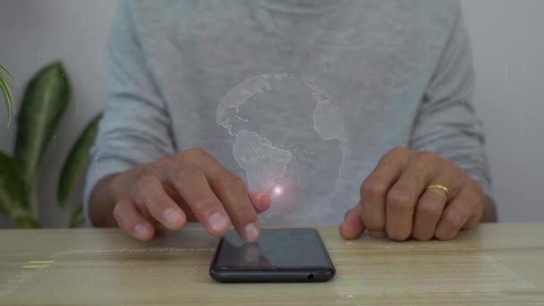 Homem Usando Holograma Dados Negócios Análise Telefone Inteligente Conceito Crescimento — Vídeo de Stock