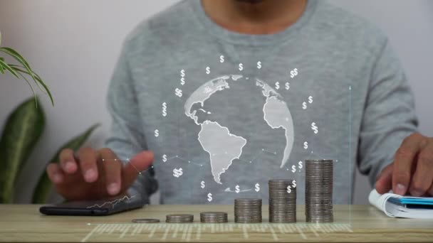 Verilerini Analiz Eden Bir Adam Büyümesi Konsepti Para Yığını Artışı — Stok video