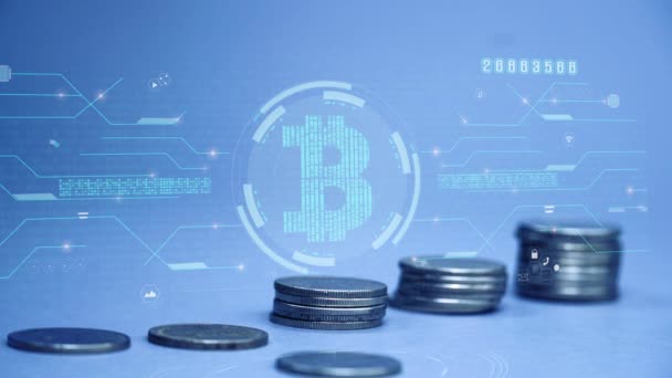 Bitcoin Digitaal Geld Computer Grafische Achtergrond Stop Beweging Munt Stapel — Stockvideo