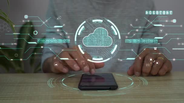 Men Using Smart Phone Connecting Cloud Computing Data Hologram Business — Stock Video